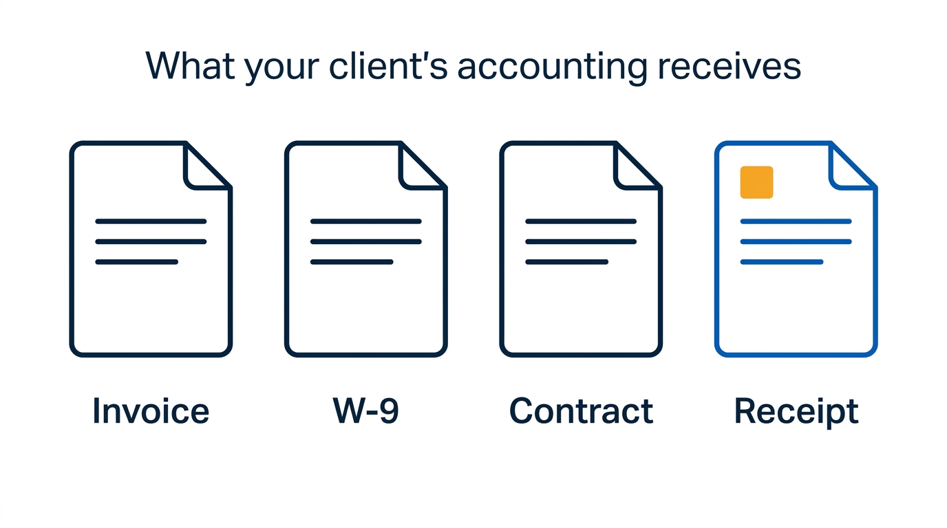 Diagram: four documents, an invoice, a W-9, a contract and a receipt.