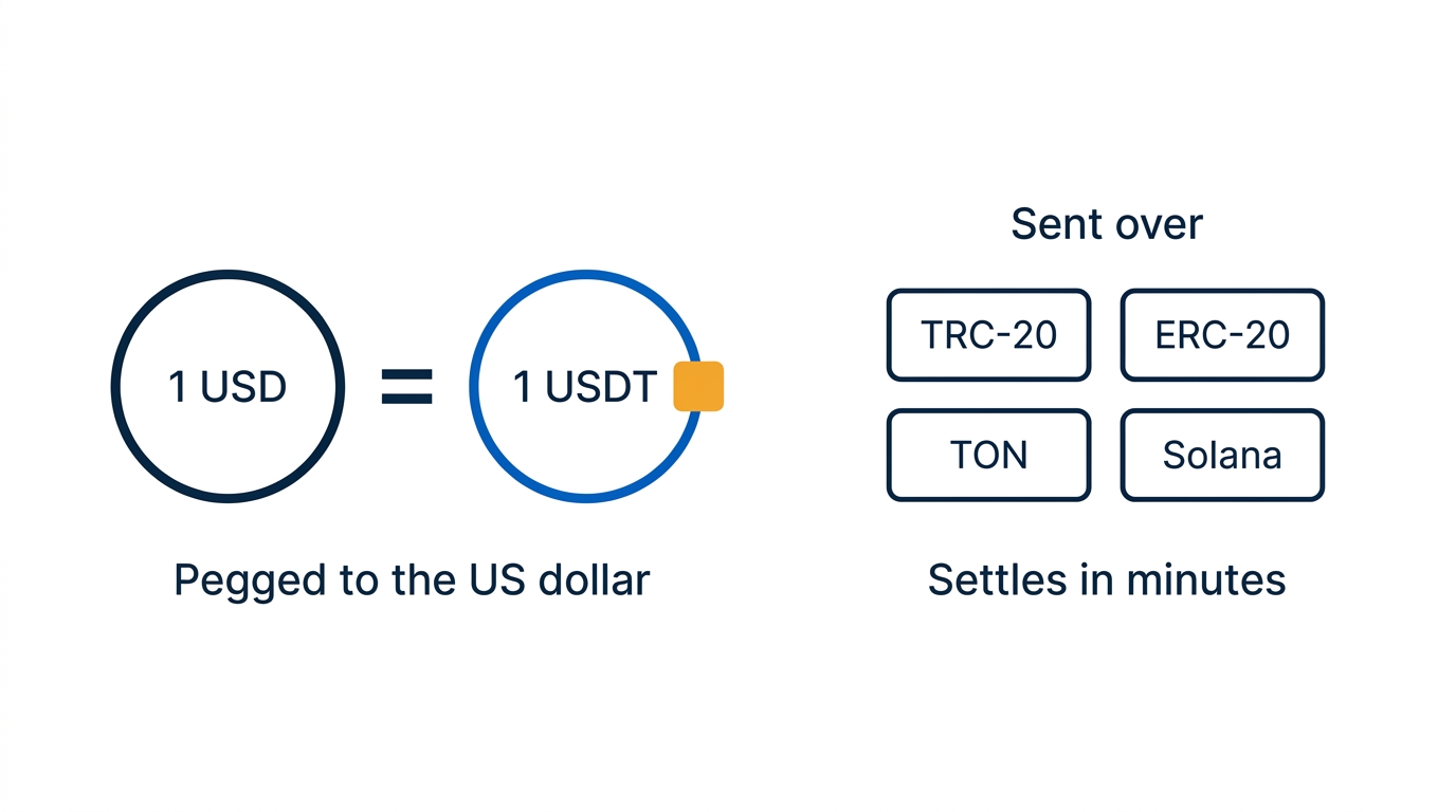 Diagram: one USDT equals one US dollar, sent over TRC-20, ERC-20, TON or Solana, settling in minutes.